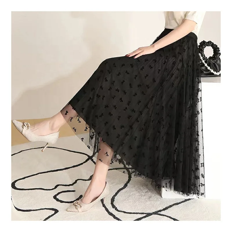 ZRT005 Romantic Flocking Black Rosette Bow Tulle Fabric Multi-Color Transparent Tulle Woman Dress Fabric - 图片 4