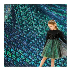 KT42 2026 New Arrival Tulle Colorful Laser Peacock Feathers Print Polyester Mesh Fabric Girls Dress Party