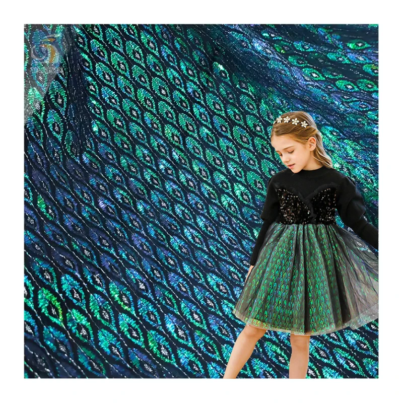 KT42 2026 New Arrival Tulle Colorful Laser Peacock Feathers Print Polyester Mesh Fabric Girls Dress Party