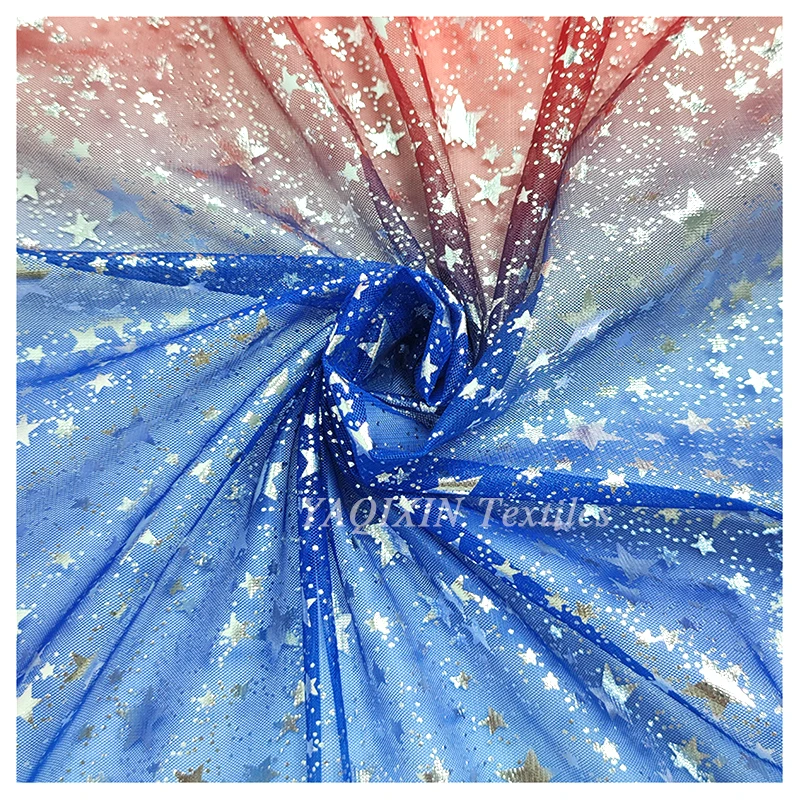 YX2117 American Independence Day Design Fabric Polyester Gradient Rainbow Digital Print Shiny Galaxy Star Tulle Mesh Fabric - 图片 4
