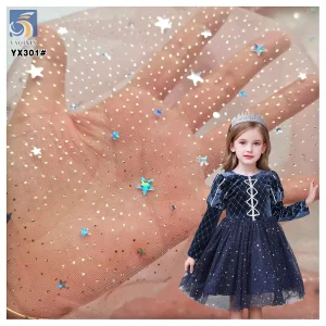 YX301 New Arrivals Star Sequins Embroidery Soft Tulle Moon Star Sequined Mesh Tulle Fabric Skirt Women's Clothing Fabric