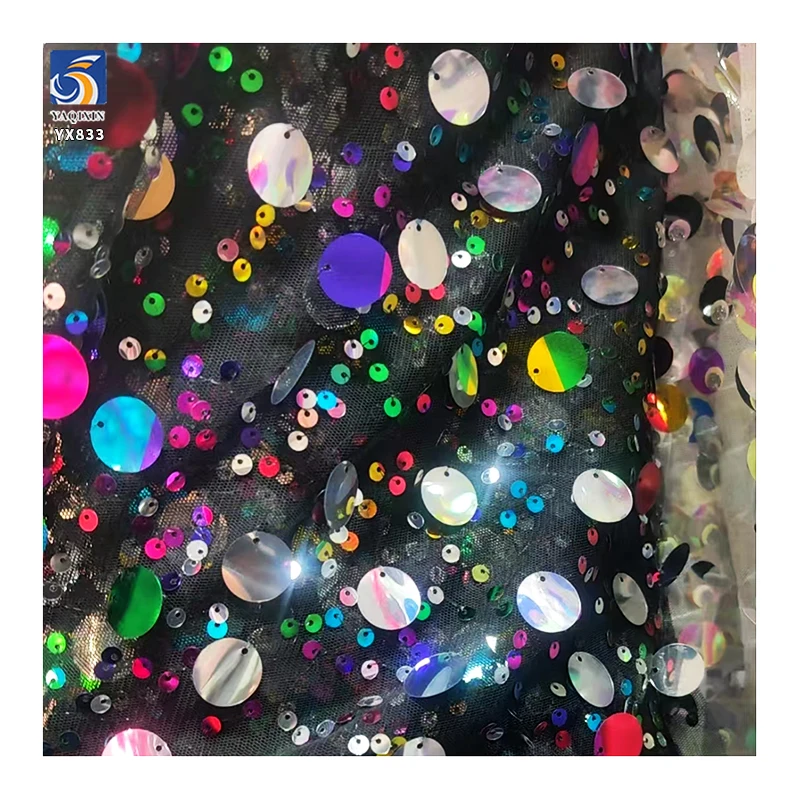 YX833 Hot 18mm and 5mm Colorful Shiny Sequin Embroidery Fabric Glittering Round Sequins Fabric for Performance Clothing - 图片 4