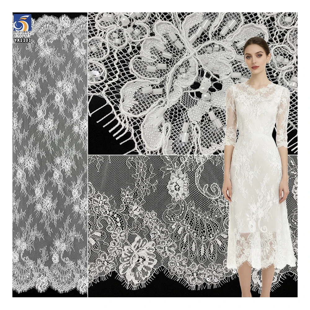 YX1101 China Large Factory Wholesale Eyelash Lace Fabrics Solid Woven Crochet 300*150CM Mesh Bridal Lace Fabric for Wedding