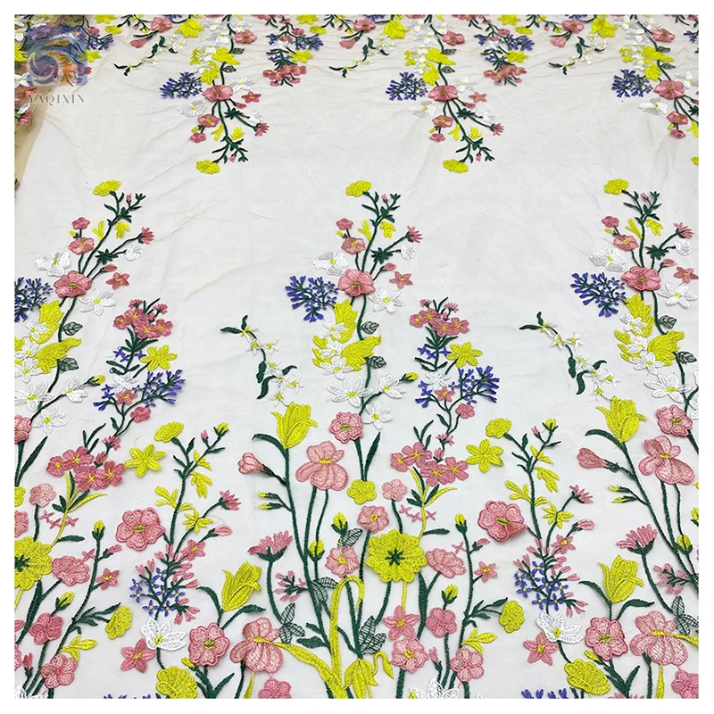 YX2406 China Wholesale 3D Flower Embroidered Lace Tulle Fabric Floral Fall Yellow Luxury Embroidered Fabric for Clothes - 图片 5