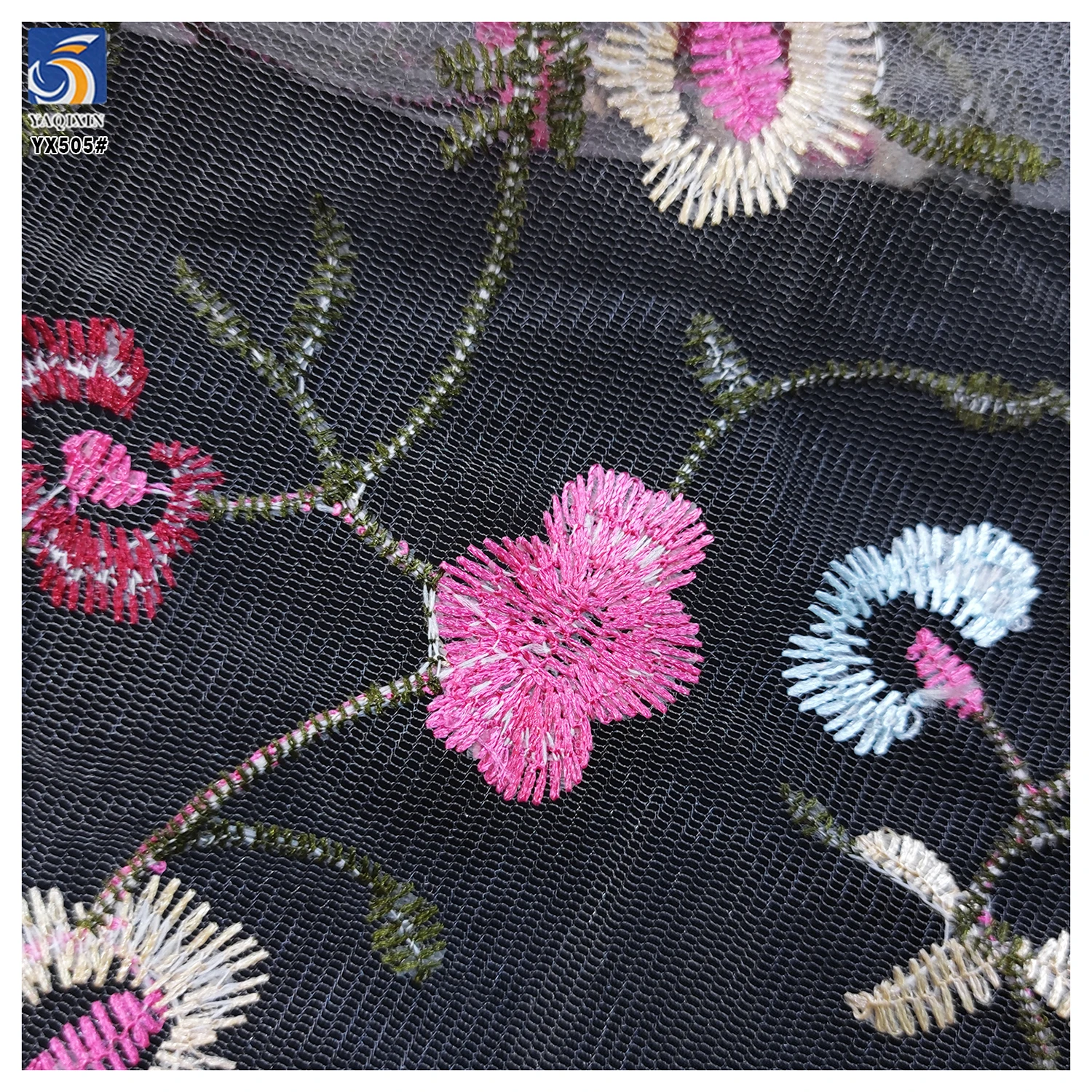 YX505 New Design Pink White Floral Polyester Mesh Colorful Embroidery Tulle Fabric - 图片 6