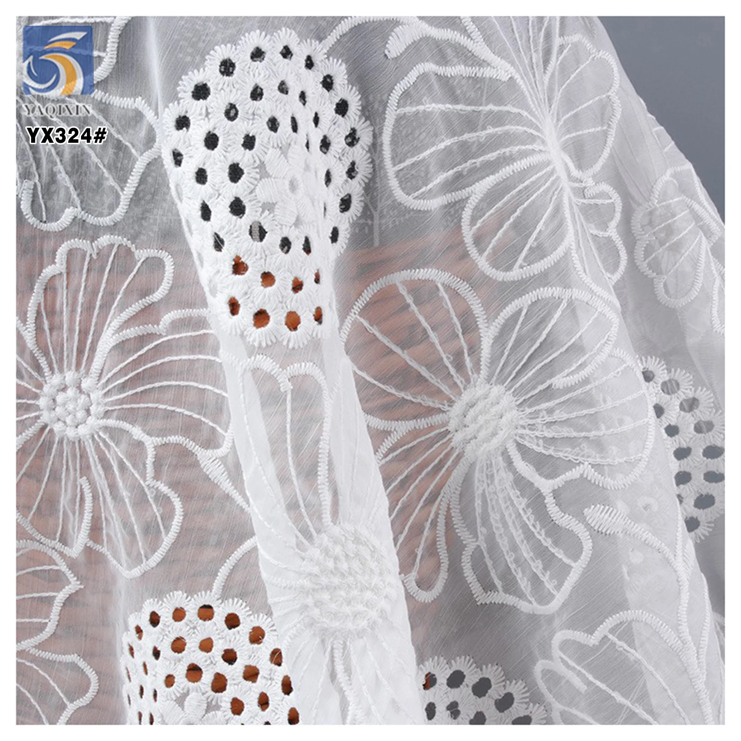 YX324 Wholesale Handmade Hollow Polyester Chiffon Embroidered Lace Fabric Floral White Embroidered Chiffon Fabric - 图片 6