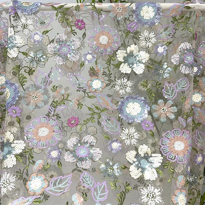 YX1150 Expensive Style Colorful Florals Beads Embroidery Tulle Fabric With Sequins Tulle Fashion Dress Fabrics for Women - 图片 6