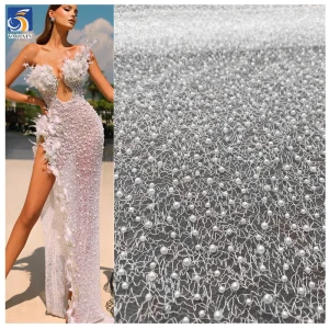 YX2655-1 2025 New Arrival White Bridal Lace Wedding Fabric Embroidery Silver White 3D Beaded Lace Pearl Fabric