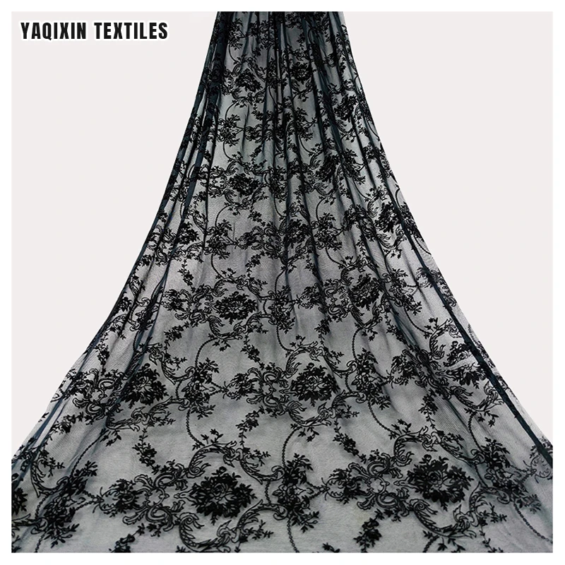 In Stock Polyester Spandex Flocked Floral Mesh Lace Fabric in Black 4 Way Stretch Power Mesh Net Fabric for Dress - 图片 3