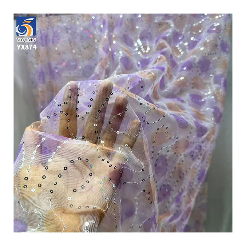YX874 Girl's Skirt Polyester Gradient Digital Printing Rainbow Tulle Fabrics With 3mm Embroidery Sequins Knitted Mesh Fabric - 图片 6