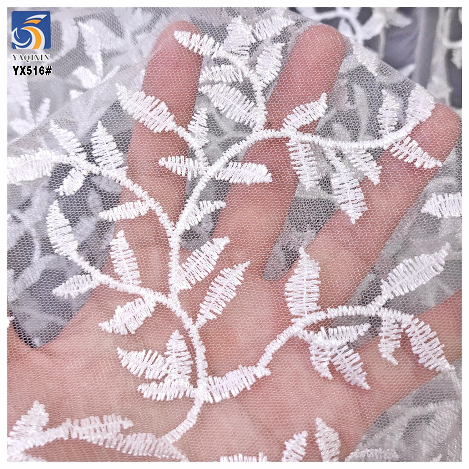 YX516 New Trend Style Willow Leaf Pattern Embroidery White Fabric Polyester Embroidered Mesh Fabric - 图片 6