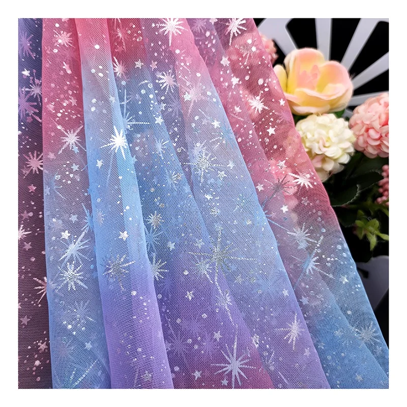 S28 Sparkle Gradient Galaxy Design Tulle Lace Fabric With Print Silver Star Overlay Rainbow Tulle for Party Dress - 图片 4