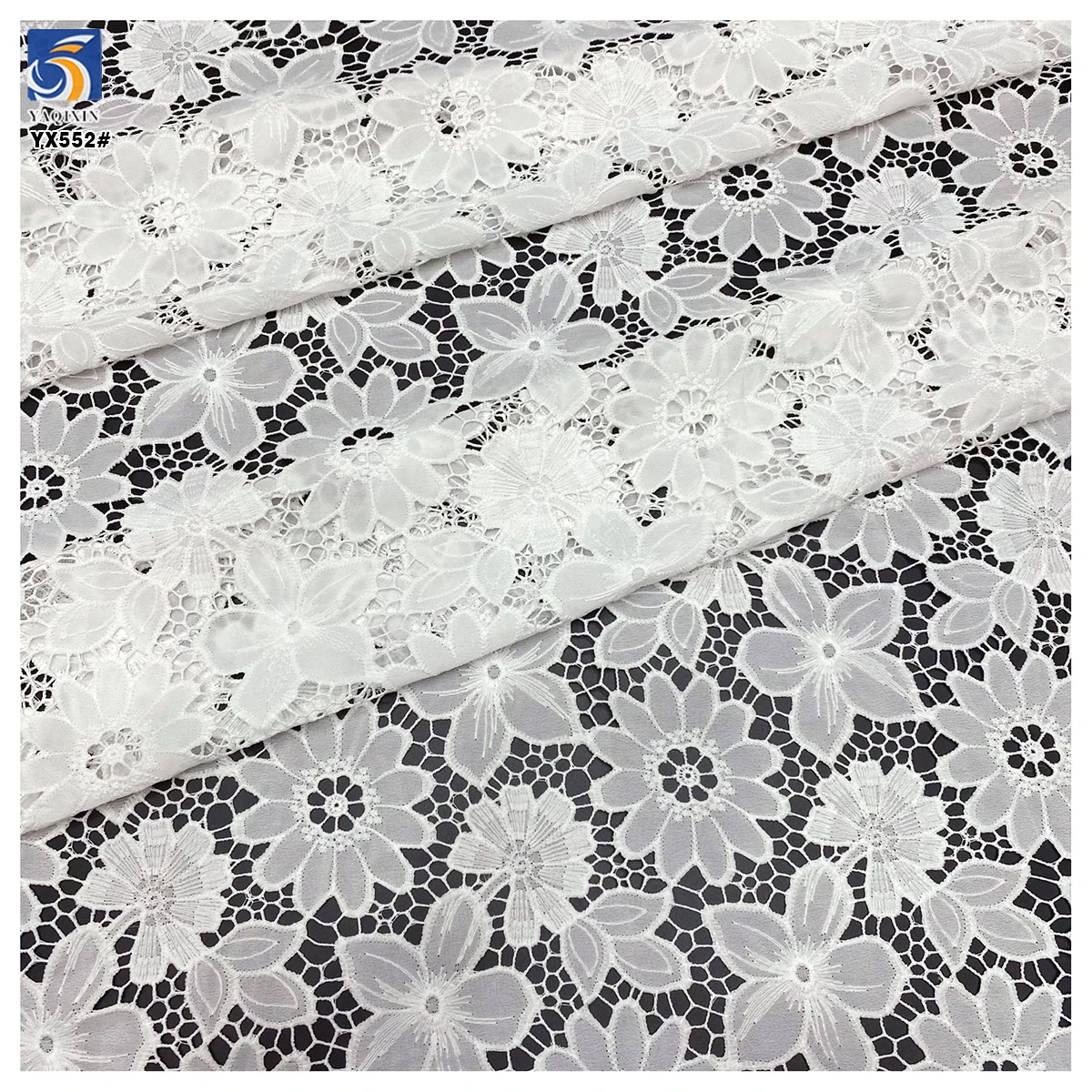 YX552 Custom All Over Laser Hollow Embroidered Milk Silk Lace Fabric 100% Polyester Florals White Embroidery Fabric - 图片 4