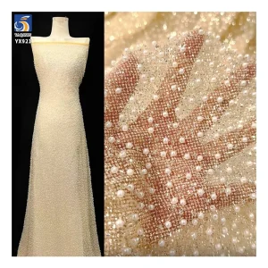 YX921 2026 High-end Heavyweight Beige Glitter Tulle Fabric With Beads Knitted 3D Pearls Mesh Bridal Wedding Dress Fabric