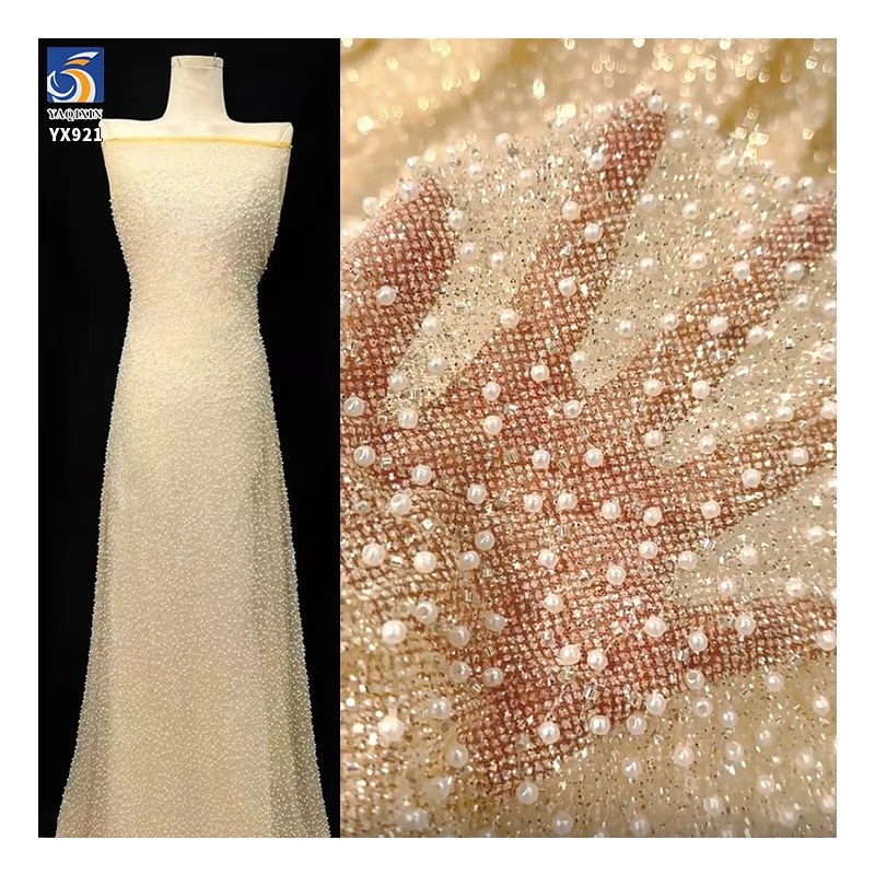 YX921 2026 High-end Heavyweight Beige Glitter Tulle Fabric With Beads Knitted 3D Pearls Mesh Bridal Wedding Dress Fabric
