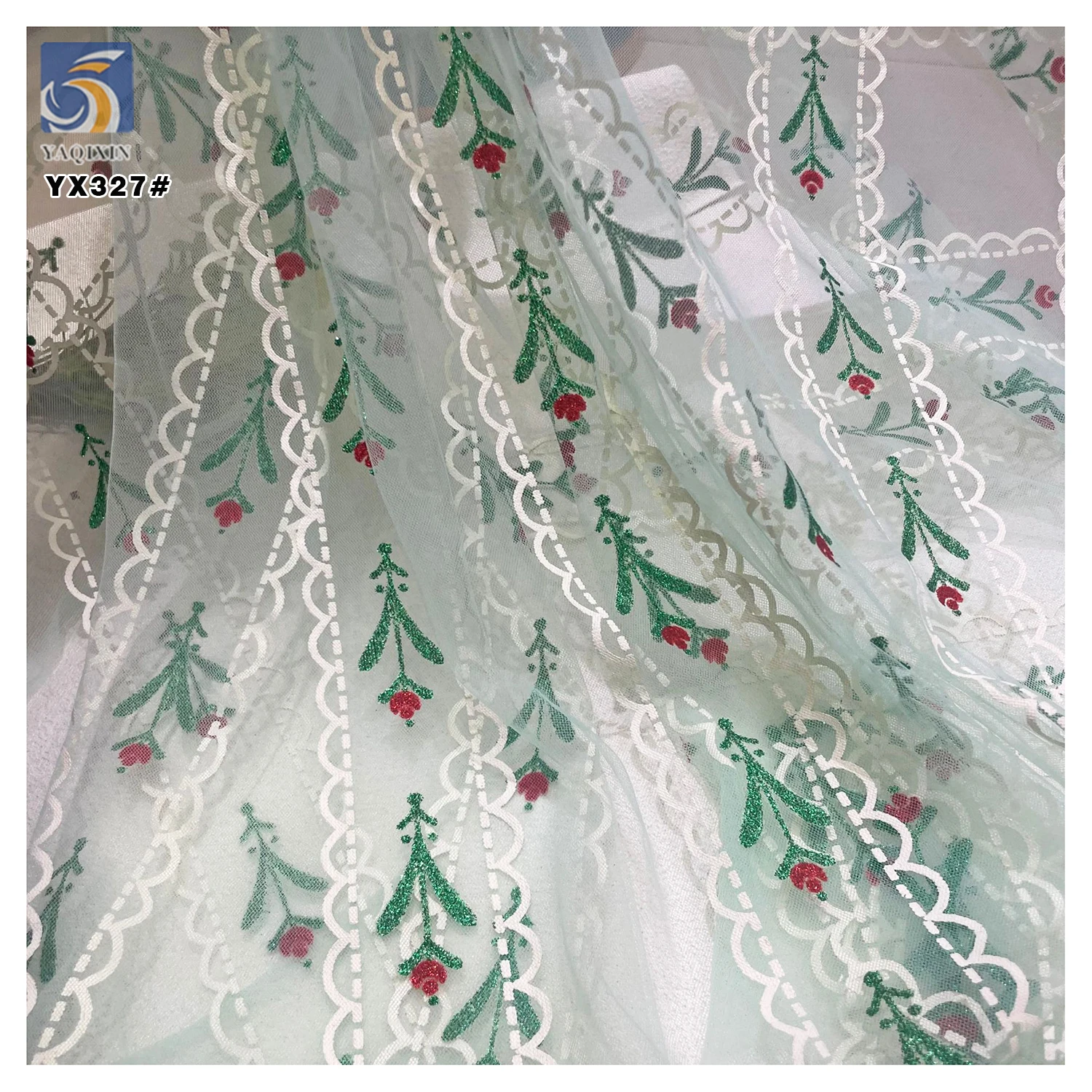 YX327 American Cartoon Snow Princess Anna Princess Skirt Fabric Glitter Print Polyester Soft Light Green Tulle Fabric - 图片 3