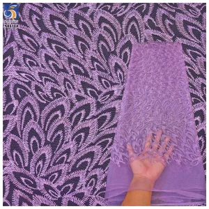 YX510 2025 Ready-made Custom Purple Polyester Embroidery Feather Tulle Fabric