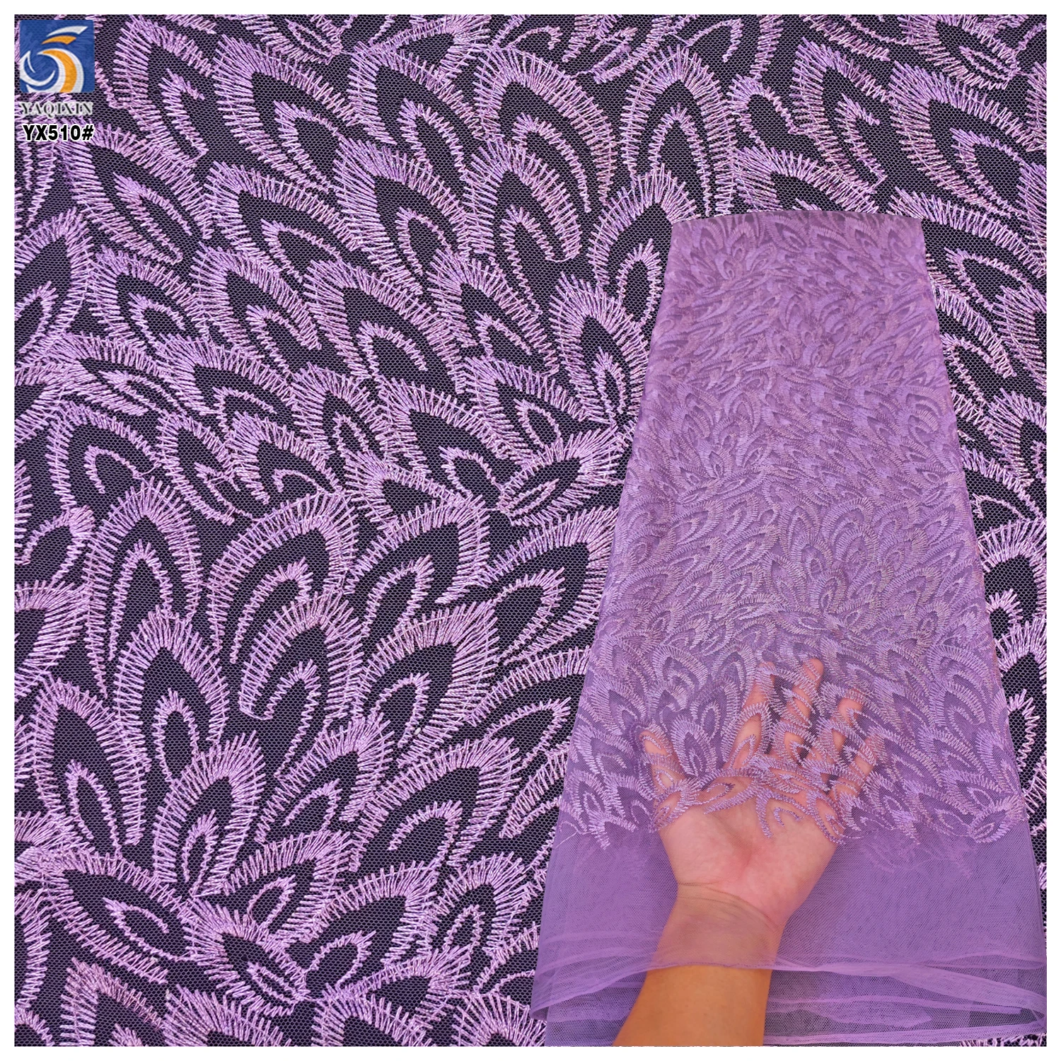 YX510 2025 Ready-made Custom Purple Polyester Embroidery Feather Tulle Fabric