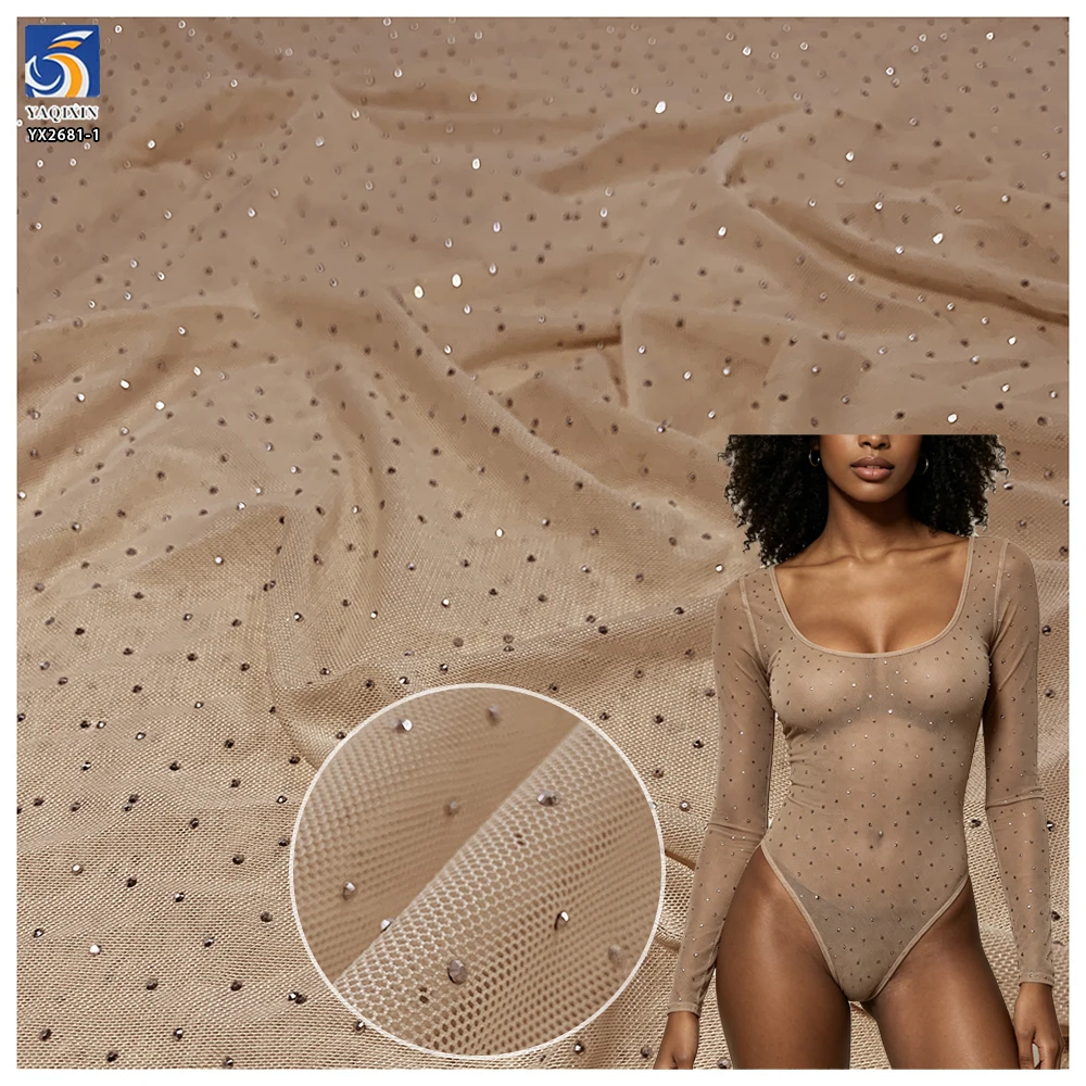 Wholesale Stretch Nude Fabric lightning Mesh Added Diamond Craft Suitable for Underwear Shirts