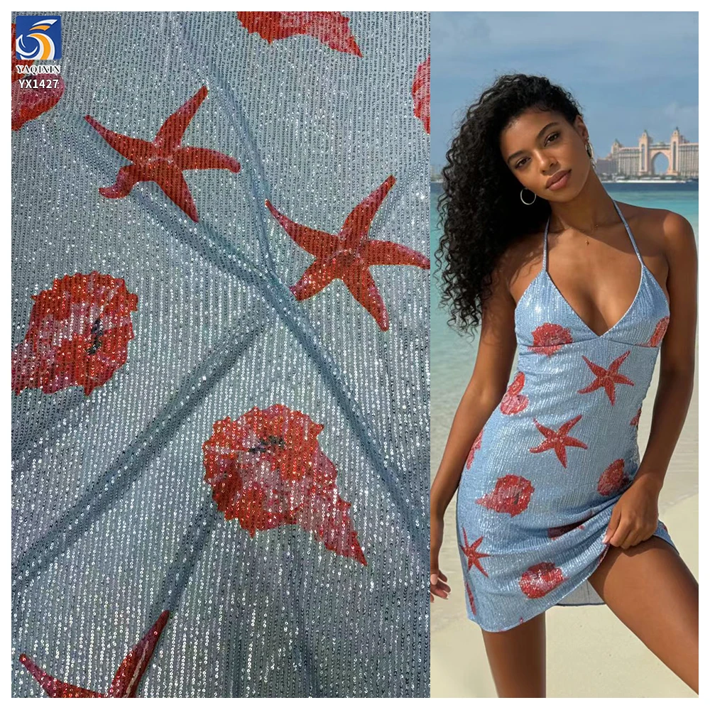 YX1428 RTS 180gsm New 2026 Sun Face Sunflower Printed Sequin 4 Way Stretch Net Mesh Fabric 140cm for Evening Gown - 图片 6
