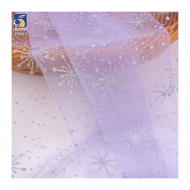 YX863 Princess El-sa Skirt Dress Silver and White Glitter Snowflake Pattern Tulle Fabric Glitter Dot Tulle Mesh Fabric for Girl - 图片 4