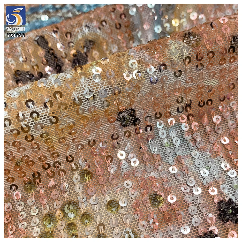 YX1398 Custom 3mm Sequins Large Florals Print Mesh Fabric 5 Yards MOQ Diagonal Stripe Dress Sequin Print Fabric - 图片 3
