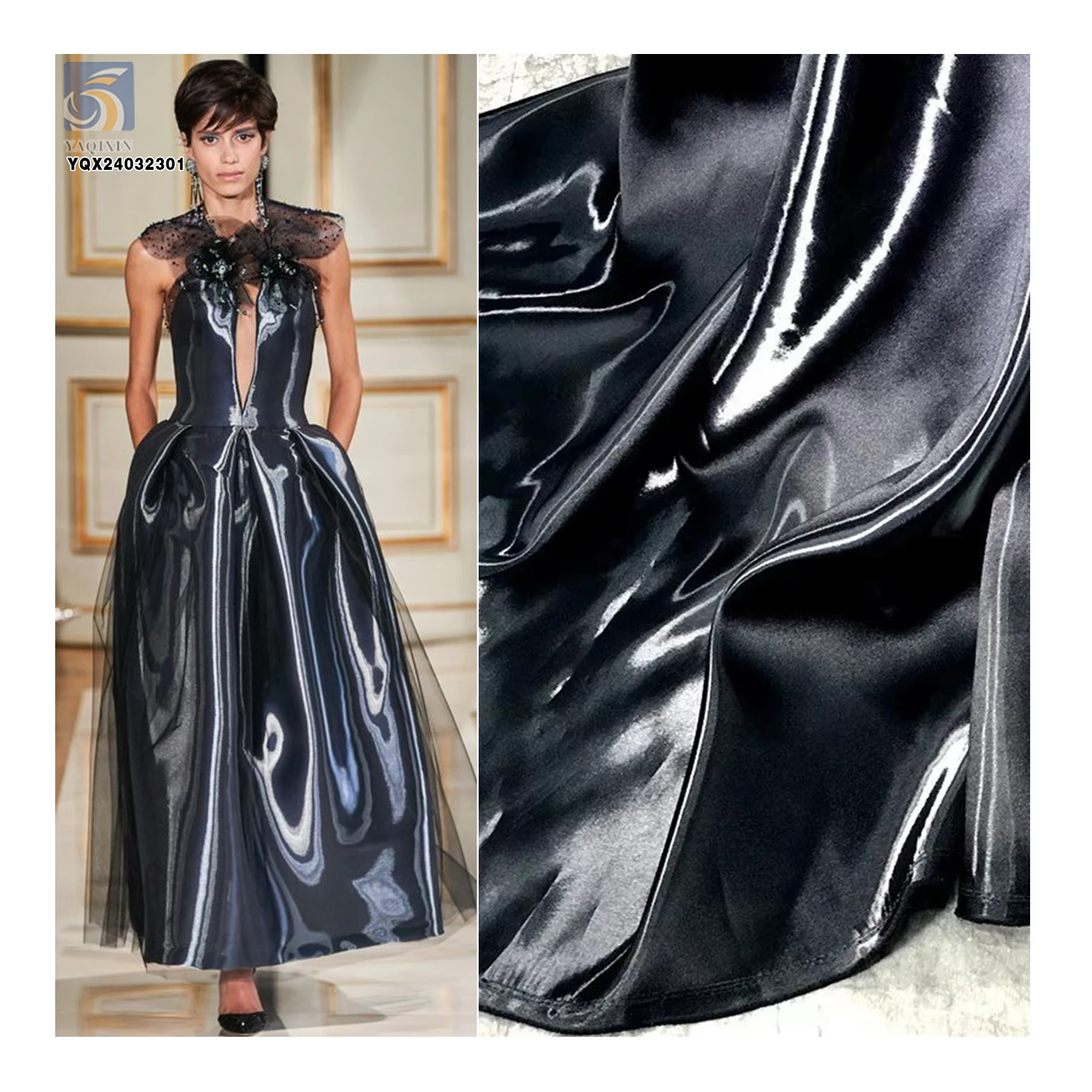 High Quality 150gsm 100% Polyester Satin Fabric Shiny Black Liquid Satin Fabrics