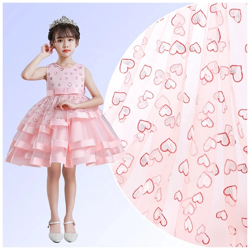 Valentines Hearts-Shaped Sparkly Tulle Fabric Textile French Fashion Mesh Lace Fabric for Skirt