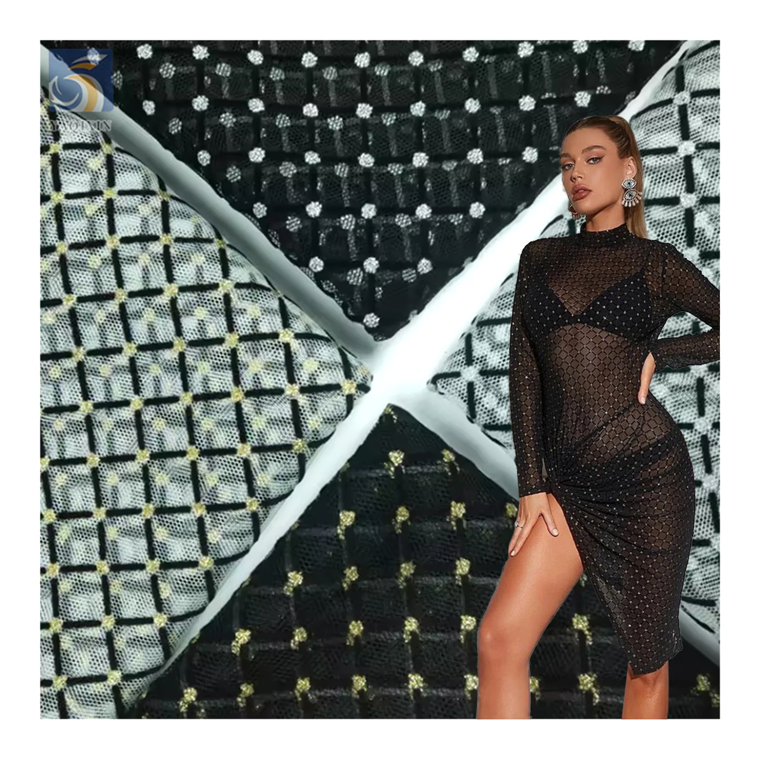 Direct Sales Square Plaid Flocking 36A Polyester Soft Net Mesh Fabric Gold Sparkle Glitter Dot on Tulle Mesh Fabric for Dress