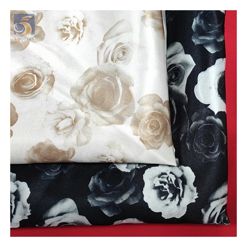 Custom Fabric Printing Satin Polyester Rose Floral Fabric for Pajamas Smooth 5Yard Custom Printed Satin Fabric - 图片 6