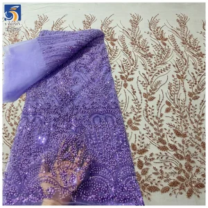 YX1520 2026 Vine Pattern Purple Tulle 3D Beaded Embroidery Lace Fabric With Raised Beads and Sparkle Sequins