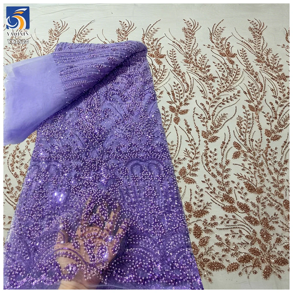 YX1520 2026 Vine Pattern Purple Tulle 3D Beaded Embroidery Lace Fabric With Raised Beads and Sparkle Sequins
