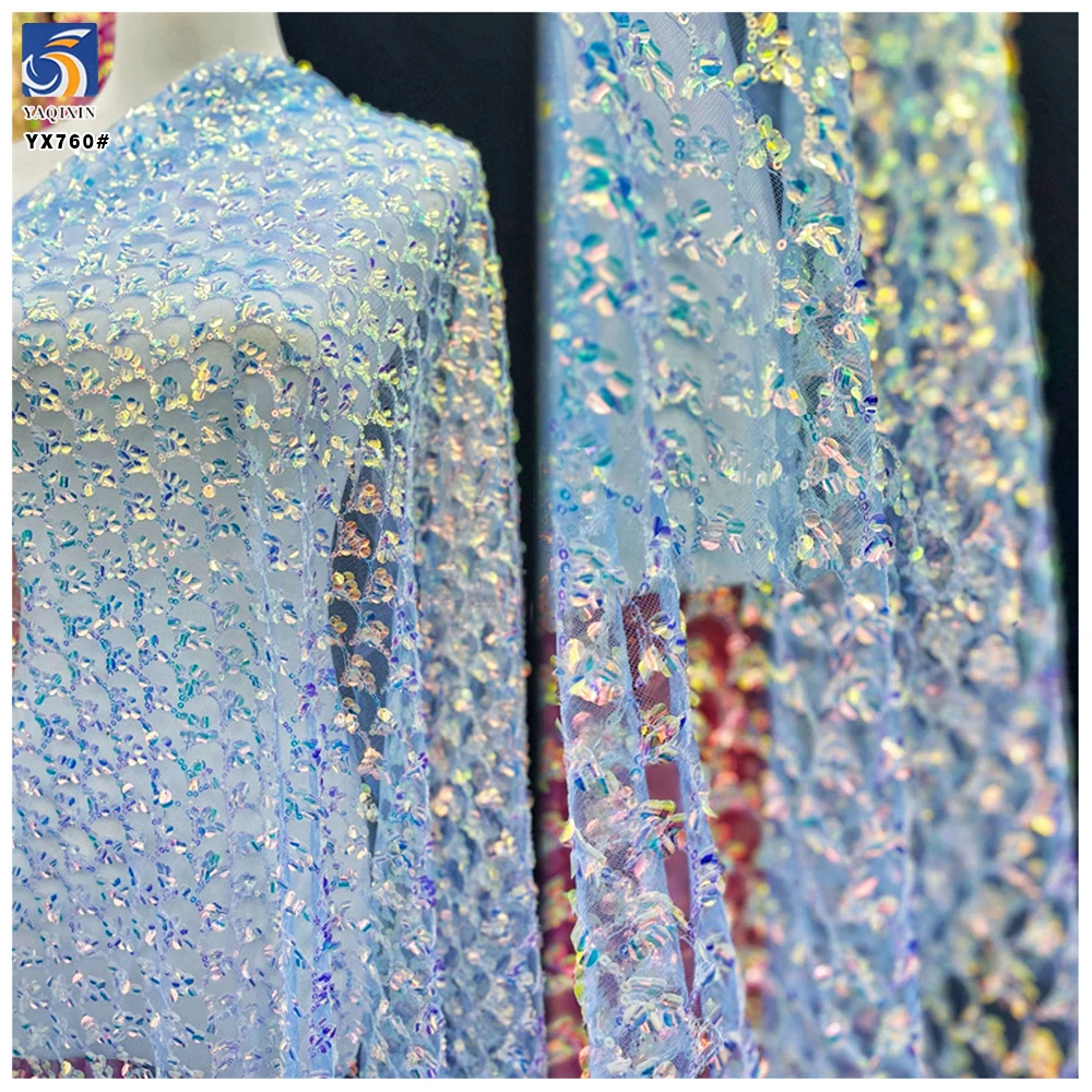 YX760 Hot Polyester Fantasy Style Fish Scale Dress Fabric Glittery Sequin Embroidered Mesh Sequin Fabric for Kids Dress