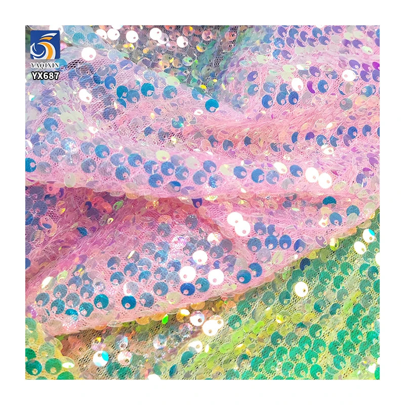 YX687 Fantasy Polyester Laser Embroidery Rainbow Sequin Fabric Shiny Mesh Lace Sequins Fabric for Performance Costumes - 图片 6