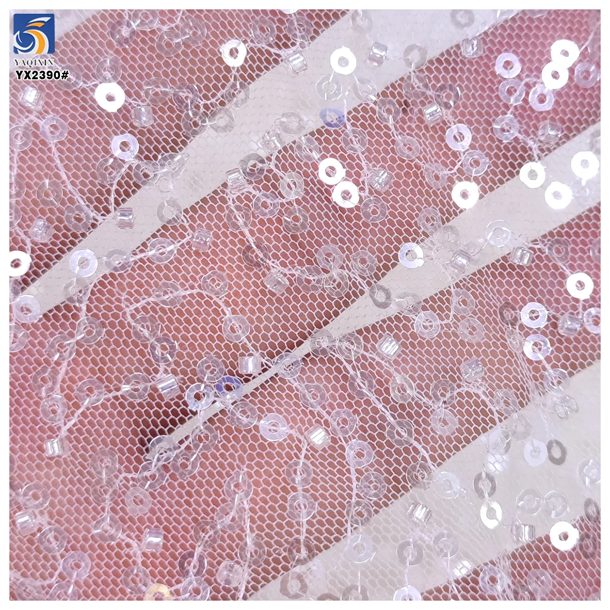 YX2390-1 Wholesale Transparent White Sequin Beads Tulle Fabric Wedding Dress Lace Fabric for Bridal Customization - 图片 5