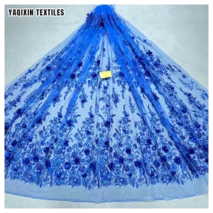 Royal Blue 3D Lace Fabric Flower Beaded Embroidered Luxury Bridal Shiny Glitter Lace Fabric Tulle