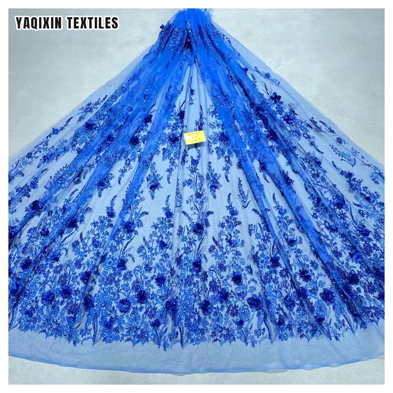 Royal Blue 3D Lace Fabric Flower Beaded Embroidered Luxury Bridal Shiny Glitter Lace Fabric Tulle