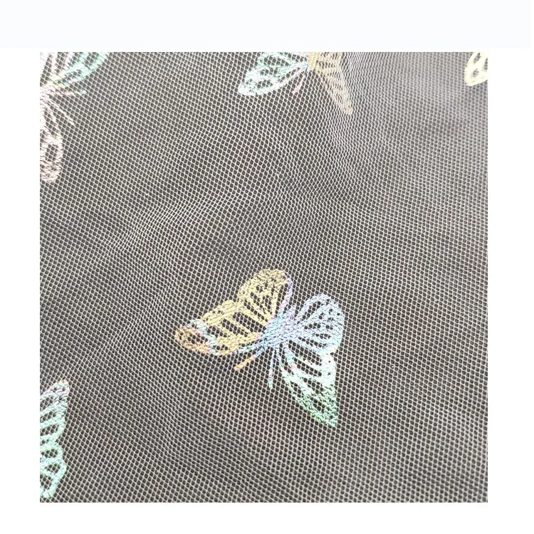 DX128 Stock Light Pink Polyester Tulle Fabric with Rainbow Color Butterfly Bronzing Net Mesh Fabric Wholesale - 图片 3