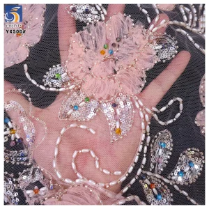 YX500 Latest Colorful Beaded Mesh Fabric 3D Polyester White Tube Beads Embroidery 3D Flower Knitting Mesh Tulle Fabric