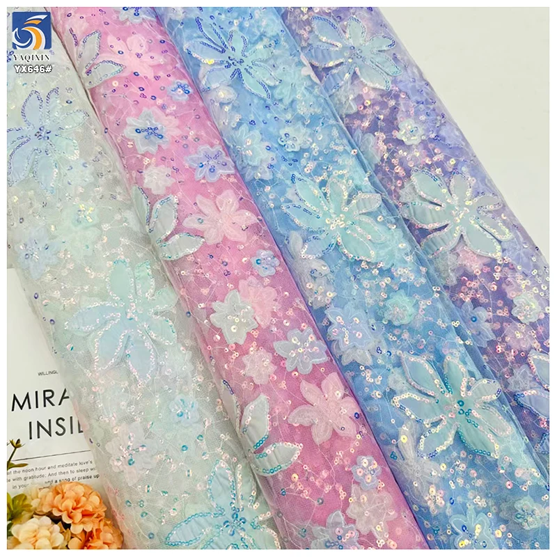 YX646 2025 New Fashion Ombre Mesh Fabric 3D Embroidery Gradient Flower Sequins Tulle Fabric for Girls Dresses - 图片 5