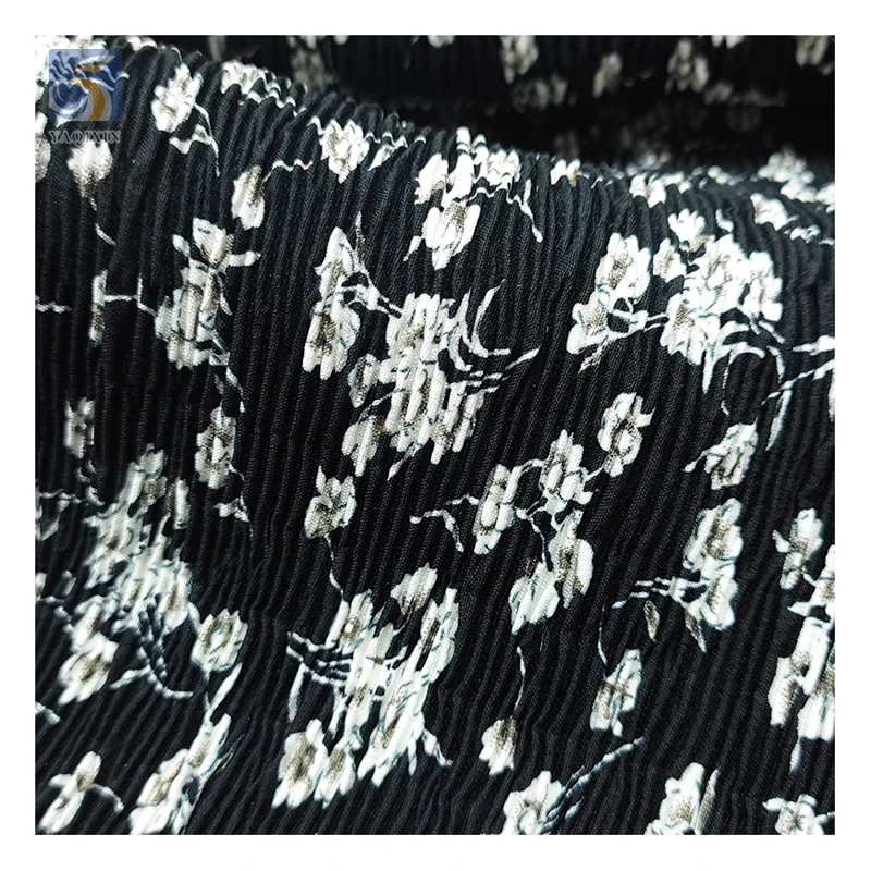 Middle East Design Black White Floral Printed Polyester Pleated Chiffon Fabric Abaya Chiffon Crepe Print Fabric - 图片 6