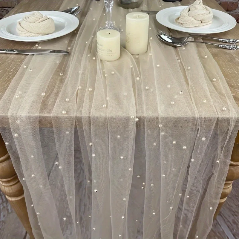 Pearl Tulle Decorative Table Runner Beaded Mesh Cake Dessert Tablecloth Solid Color Aesthetic Background Cloth Wholesale