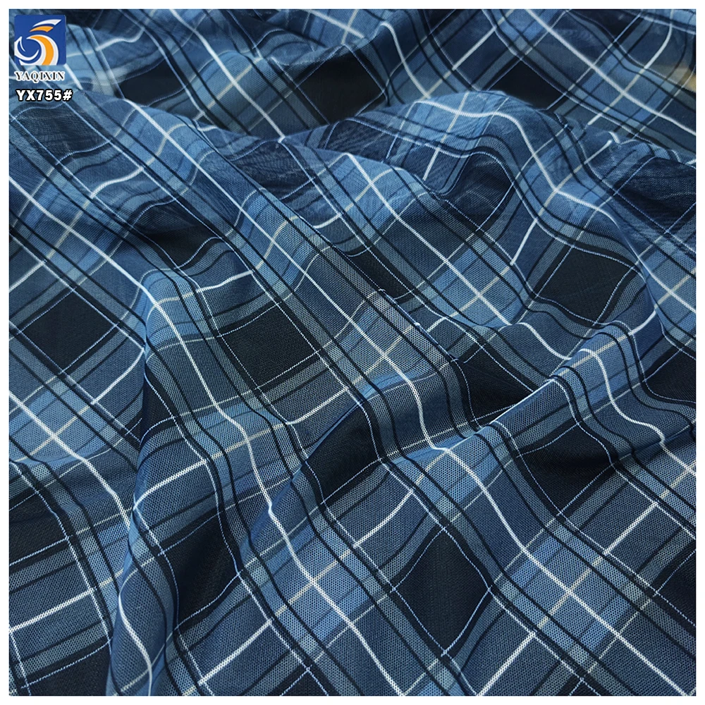 YX755 Casual Skirt Dark Blue Gradient Digital Printed Plaid Tulle Fabric 100% Polyester Soft Checked Tulle Mesh Fabric - 图片 3