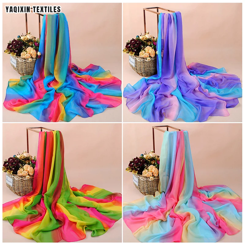 YX2144 New Arrival Gradient Rainbow Print Like Silk Scarf 100cm*180cm Oversized Travel Beach Chiffon Hijab Scarf Summer - 图片 3