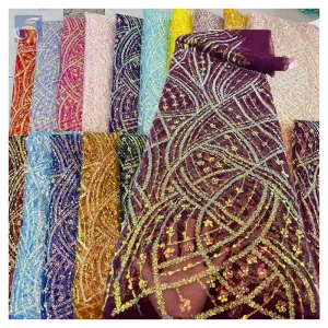 French Laces Fabrics High Quality Tulle Embroidery Golden Floral Fabric African Shiny Glitter Tassel Lace Fabric