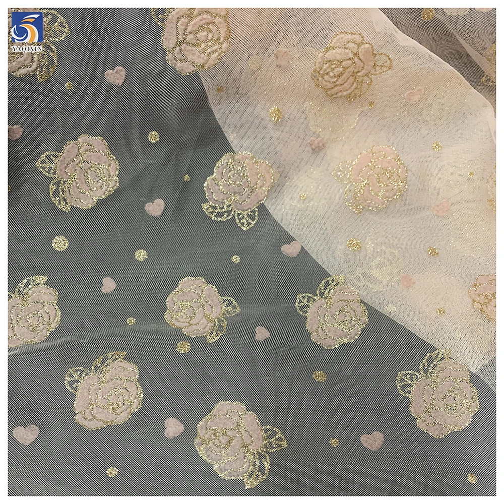 Latest Flashy Tulle Fabric Black Gold Glitter Rose Flowers Flocked Mesh Fabric Tulle 5 Yards High Quality - 图片 5