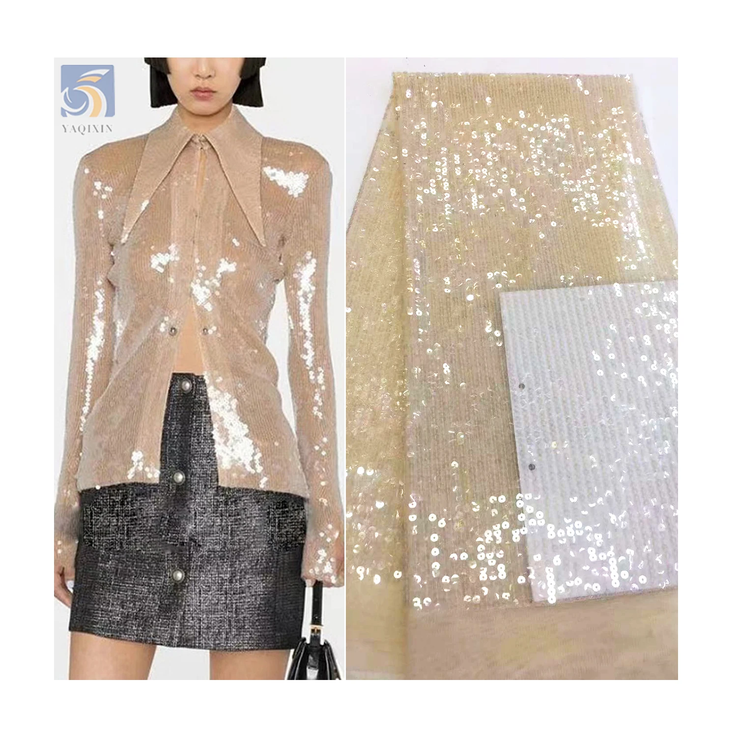 YX2469 Nude Transparent Payette Sequin Fabric Lace Sheer 3mm Sequin Fabric for Stage Model Performance Dance Dress - 图片 4