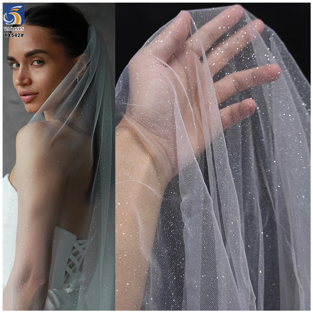 YX542 2025 New Arrivals Tulle for Bridal Veil Polyester Soft Tulle Sparkling Glitter Mesh Wedding White Tulle Fabric