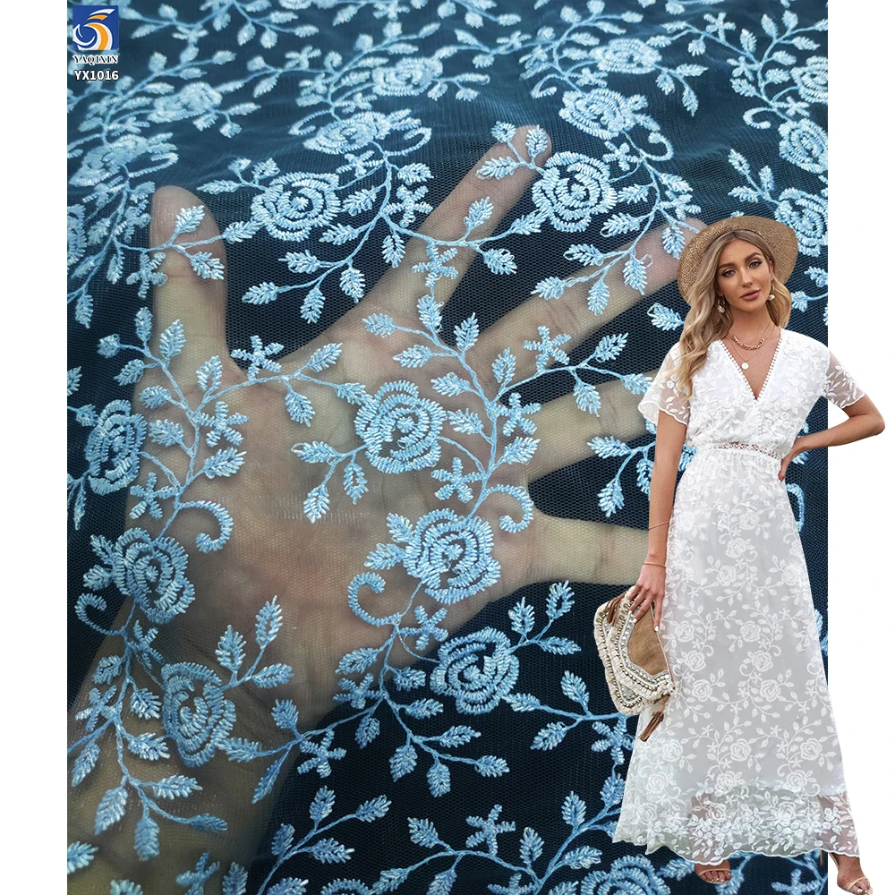YX1016 Sample Embroidered Tulle Fabric in 7 Days Polyester Flower Pattern Embroidery Cheap Mesh Fabric Custom Clothing