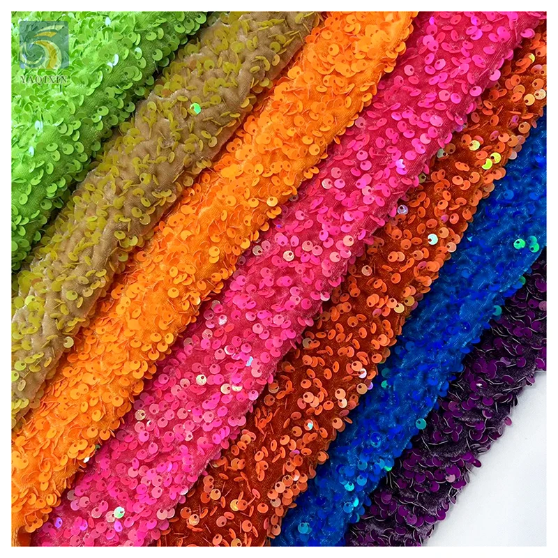 Multi-color 2026 African Velvet Sequined Embroidery Lace Fabric Luxury Stretch 5mm Shiny Sequin Velvet Fabric - 图片 3